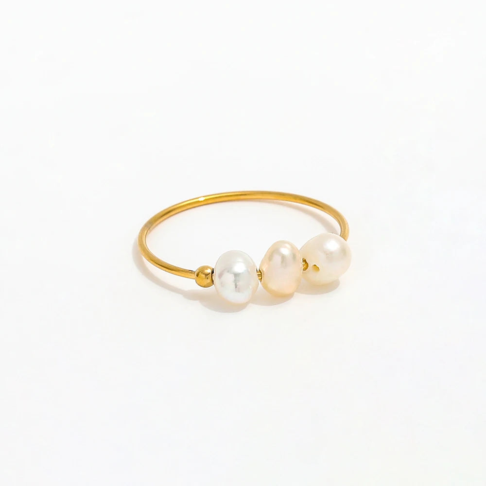 High End 18K PVD Gold Plated Three Freshwater Pearl Dainty Ring Stainless Steel Women Ring Tarnish Free Jewelry MegaBDM
