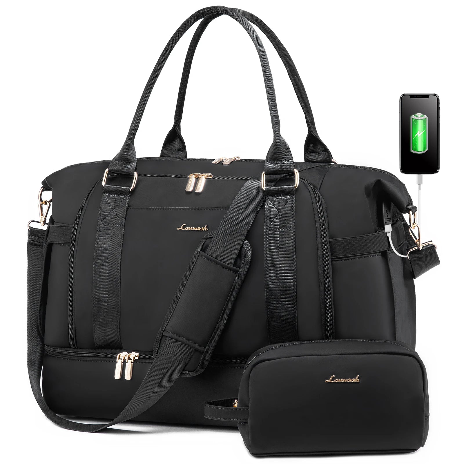 LOVEVOOK Waterproof  2pcs Tote Weekender Bag Swim Gym USB Bag for Travel Sports Duffel Bags With Shoe Compartment Unisex