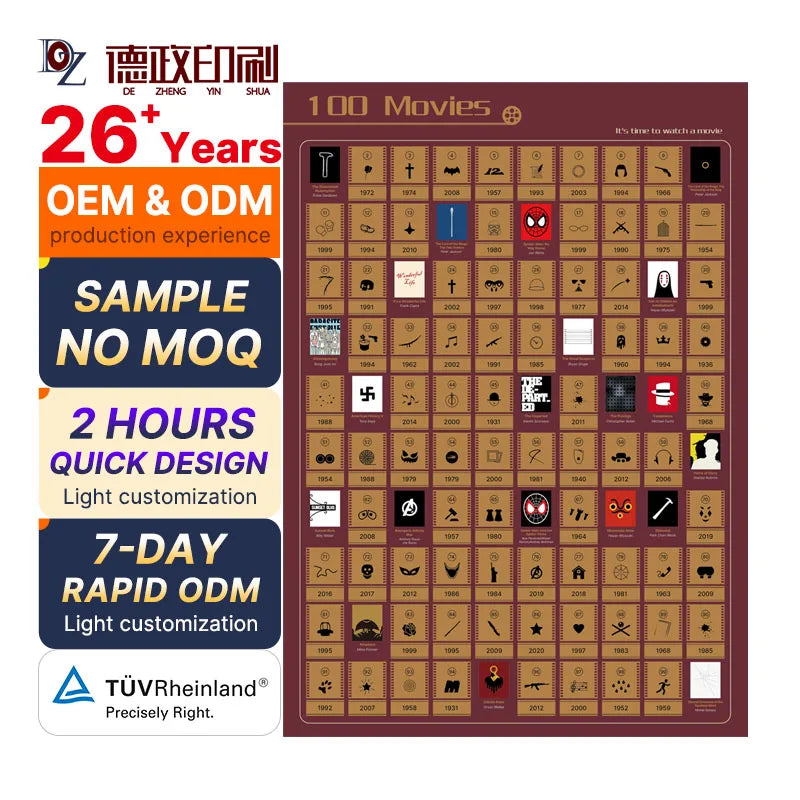 Custom logo Printed 100 Places Cities Scratch Off Bucket List 100 Movies Scratch Off Posters