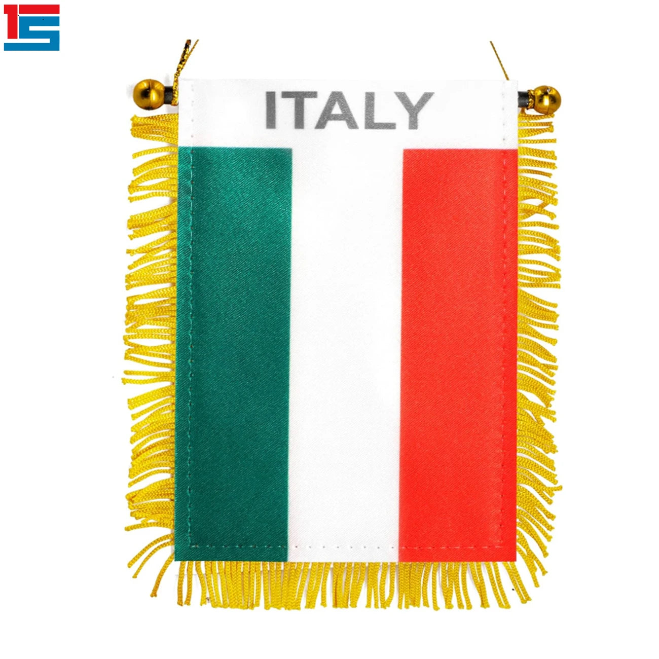2026 Football Events Italy Custom Polyester Satin Pennant Flag Car Mini Banner with Digital Printed Handmade Yellow Tassels