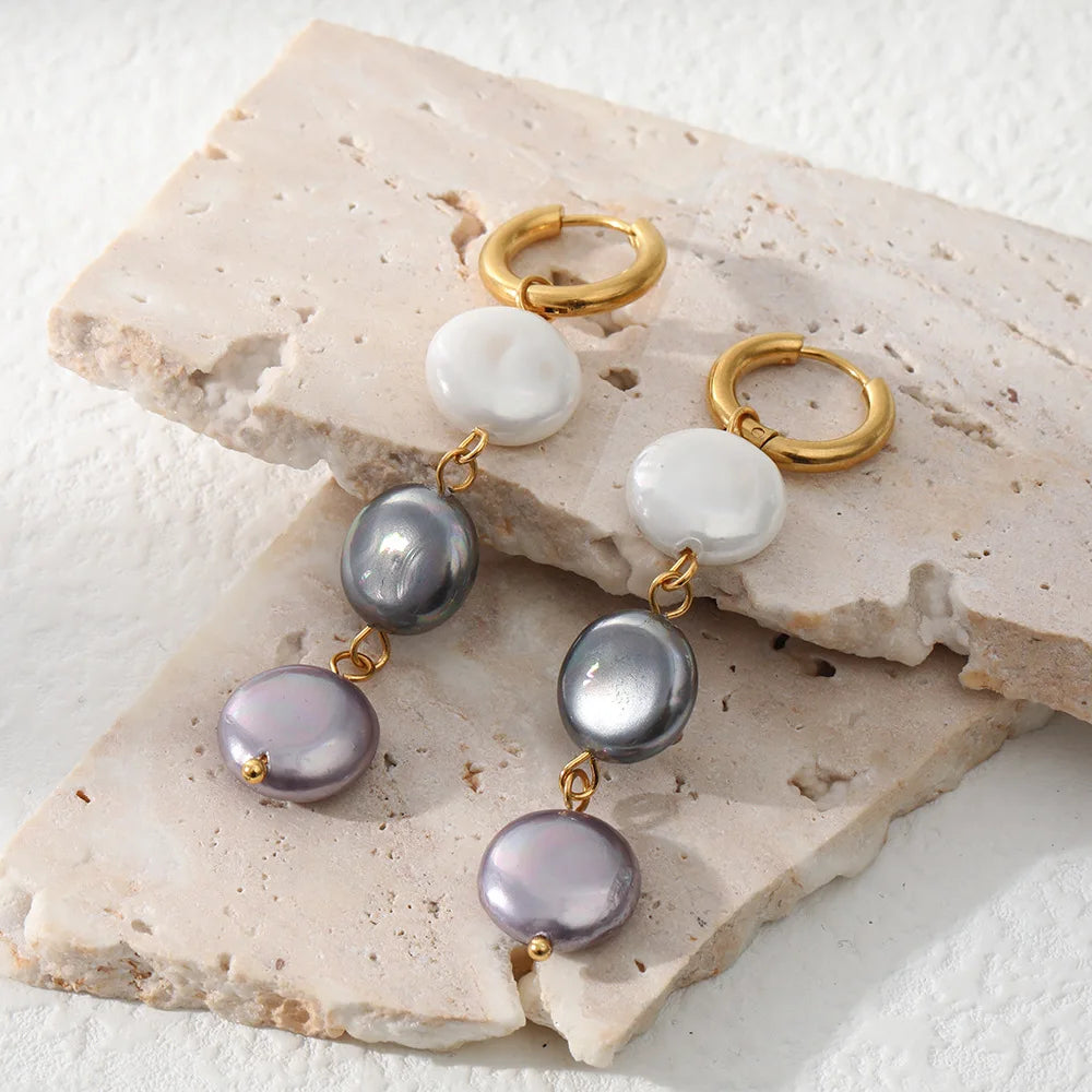 Stainless Steel Gold Plate Genuine Freshwater Pearl Bead Dangle Drop Earring Jewelry Women