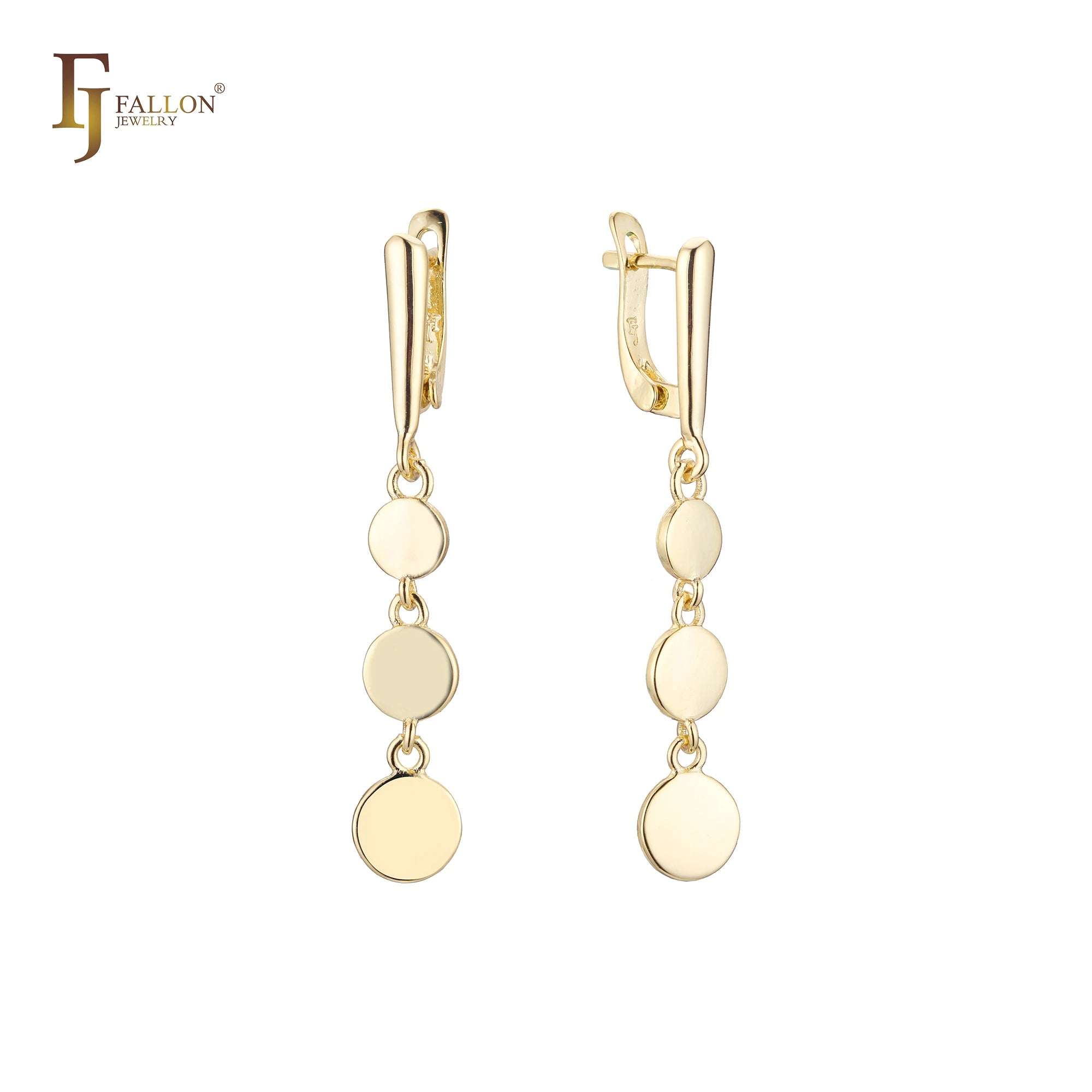 FJ Fallon Fashion Jewelry Three Polished Discs Drop Clip-On Earrings Plated in 14K Gold Brass Based