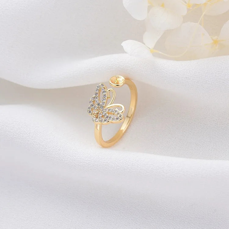Factory Wholesale 14K Gold Plated Can Match Pearls Butterfly Flower Shape Ring