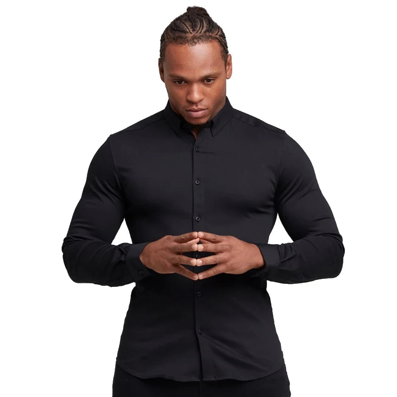 Autumn Fashion Long Sleeve Shirt Men Super Fit Male Casual Social Business Dress Shirt Brand Men Fitness Sports Clothing
