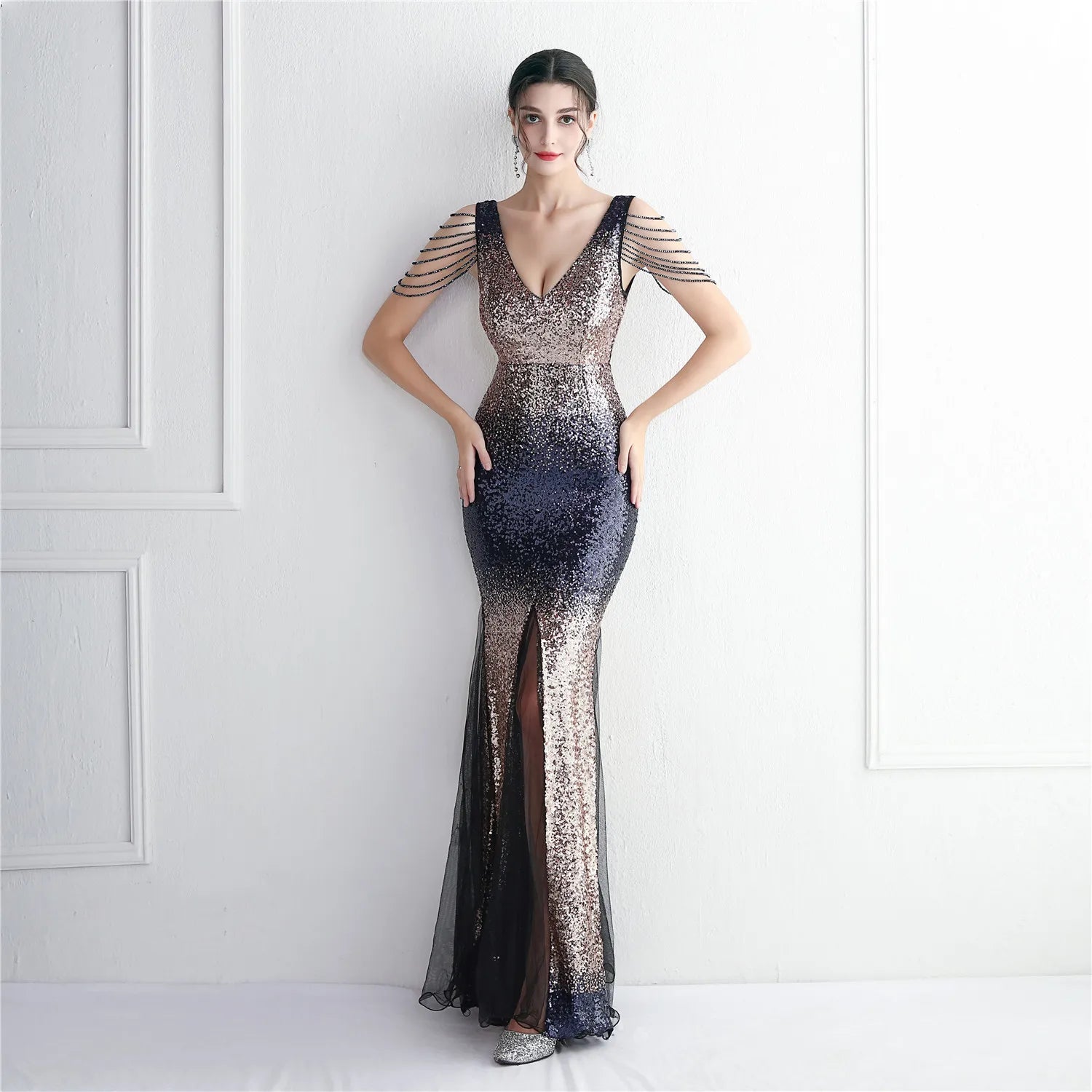 19612# Long Banquet Slim-fit Evening Temperament Elegant Gradient Bead Craft Beading Party Dress