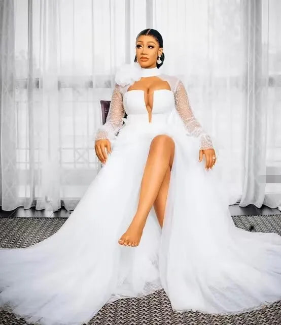Long Sleeve Side Split Sweep Train Africa First Wedding Dress Bridal Shower Gowns High Neck White Bride Robes MW625
