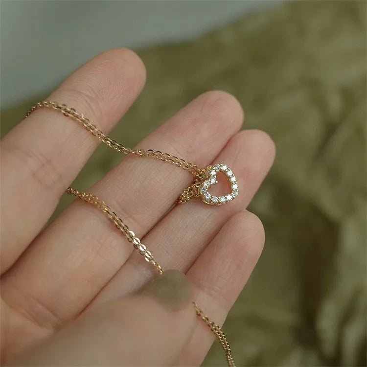 INS Women's 18K Gold Plated Pure 925 Sterling Silver CZ Zircon Delicate Heart Shaped Pendant Necklace for Weddings