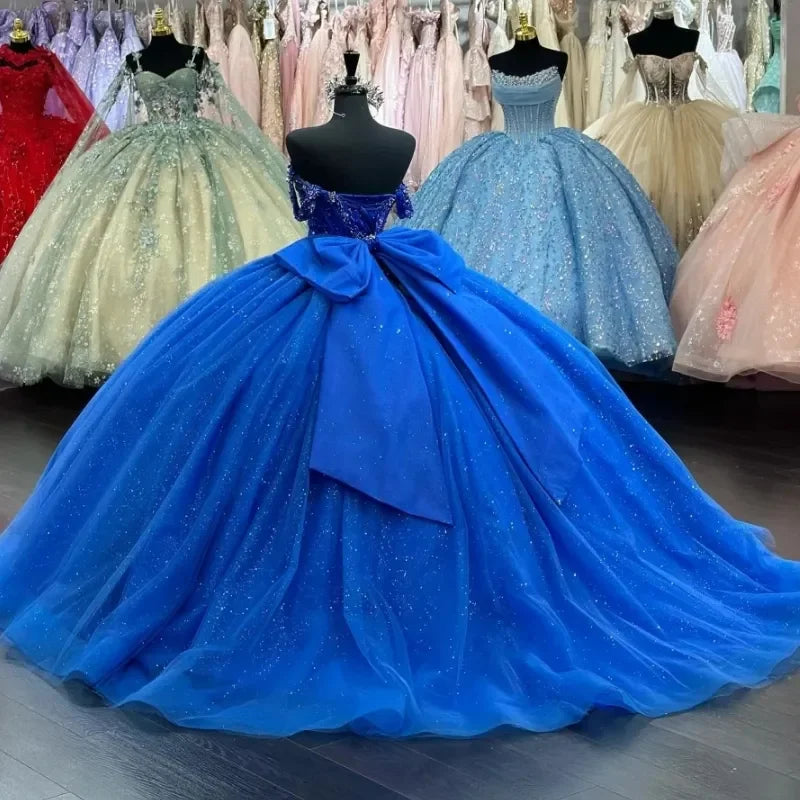 Royal Blue Shiny Ball Gown Off the Shoulder Crystal Beaded Sweet 16 Dress Vestido De 15 Anos Anos Quinceanera Dresses MQ648