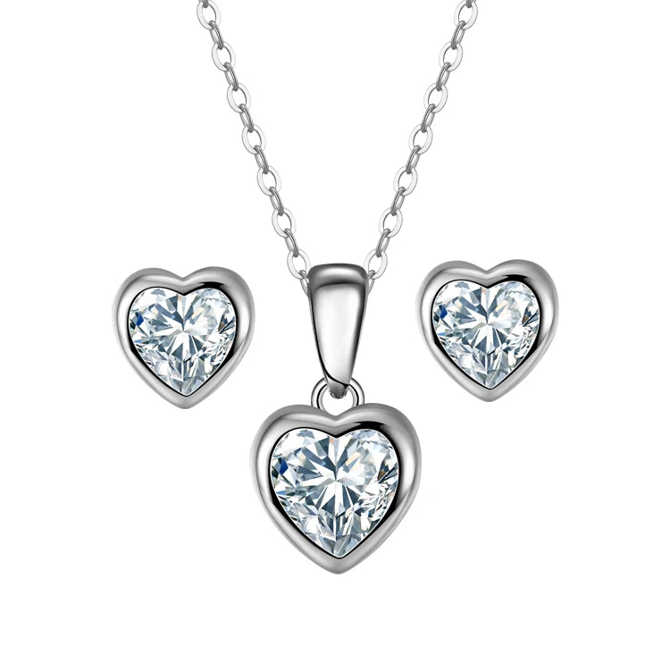 RINNTIN APN04 APE44 S925 Sterling Silver Bridal Wedding Jewelry Set Heart Cut Cubic Zirconia Stud Earrings Necklace Set