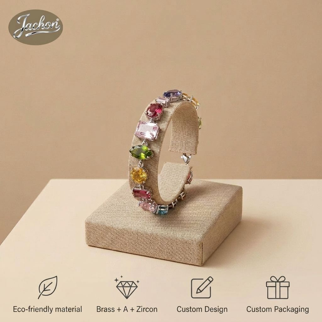 Jachon Wholesale Trendy Rainbow Necklace and Bracelet Set with Copper Zircon Crystal Fashion Jewelry for Anniversary Occasions