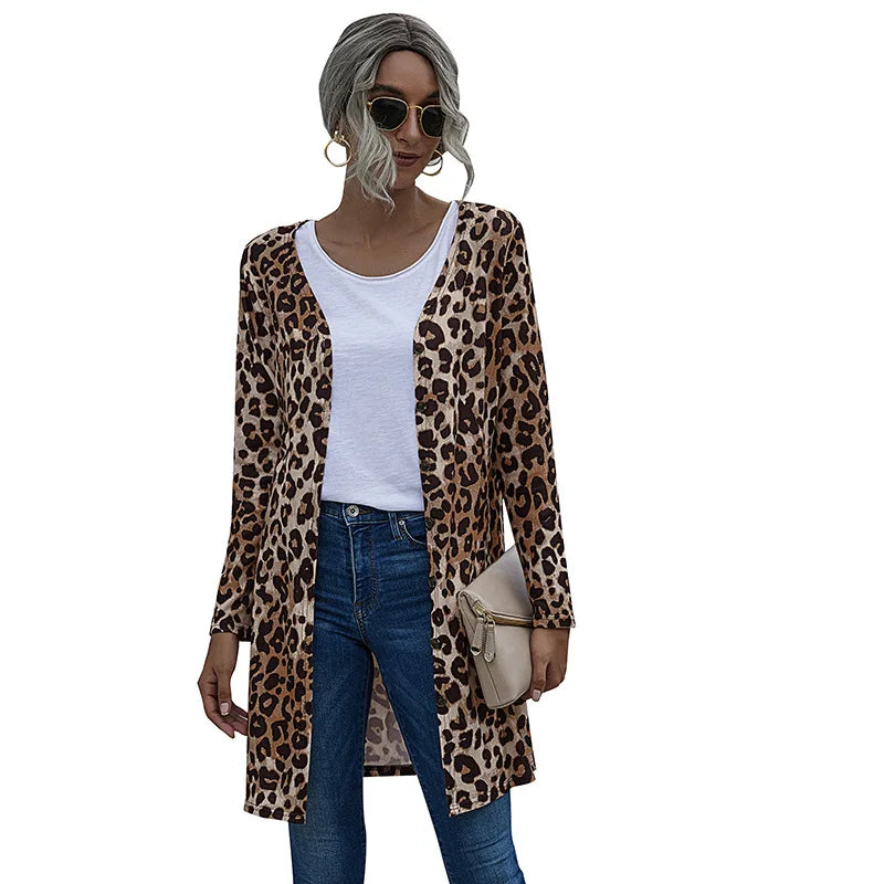 Hot Style 2020 American and American Long-sleeve Buttons Leopard Print Coat