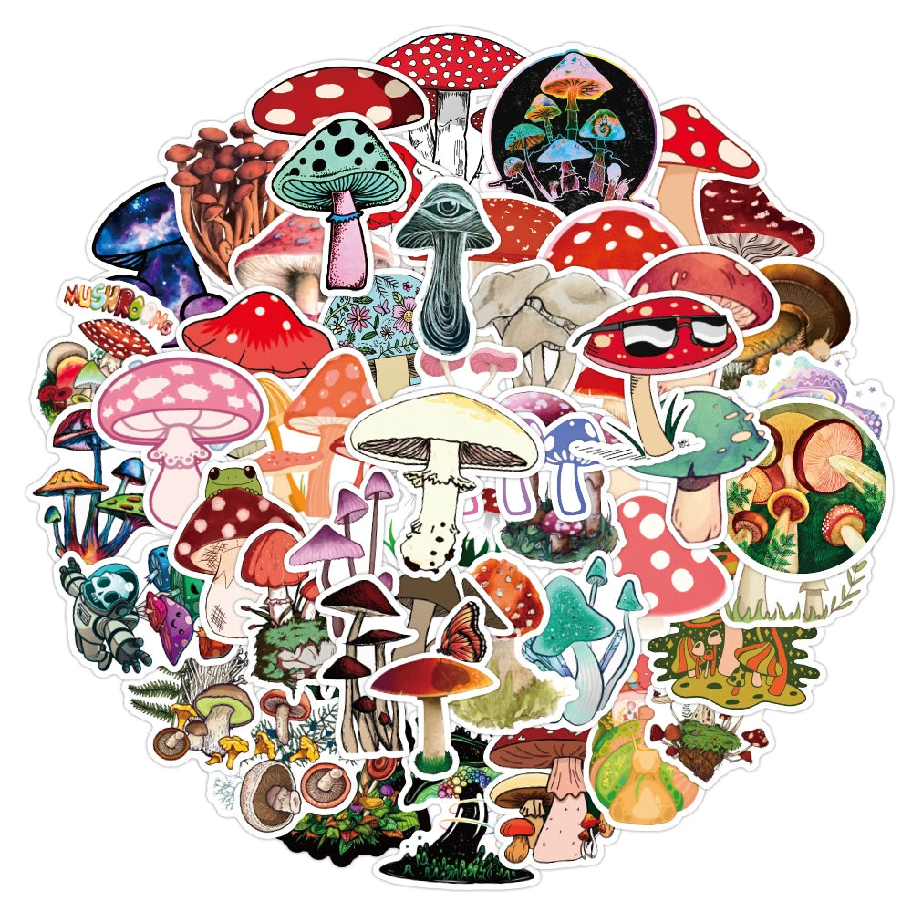 50pcs/Bag Cartoon Mushroom Stickers Scrapbooking Supplies Custom Logo Waterproof Decor Vinyl Mushroom Cute Sticker for Children