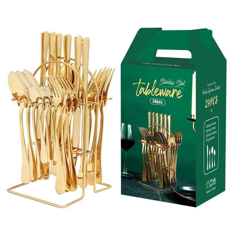 Top Qualite Durable Brillant Polissage or Vaisselle Couverts Couverts Ensemble 24 Pcs En Acier Inoxydable