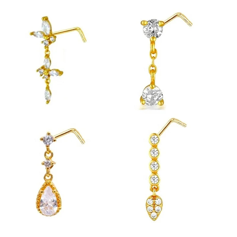 Gaby Sterling Silver Body Jewelry Needle Nose Rings Butterfly Long Dangle Nose Stud L-Shape Nose Piercing Engagement Party