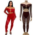 Solid Color New Crop Top and High Waist Long Pants Set One-Shoulder Long Sleeve and Knit Casual Suit