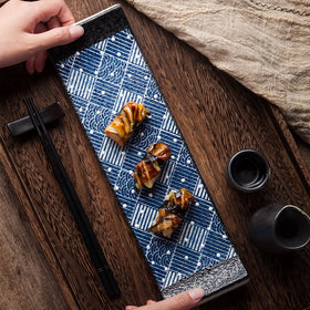 Japanese Korean Style 13 Inch Ceramic Rectangle Sushi Tray Eco-Friendly Blue Salmon Sashimi Plate for Restaurant Shopping