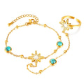 Stainless Steel 18k Gold Plated Turquoise Shell Oysters Octagonal Star Ring Integrated Back Chain YF6110