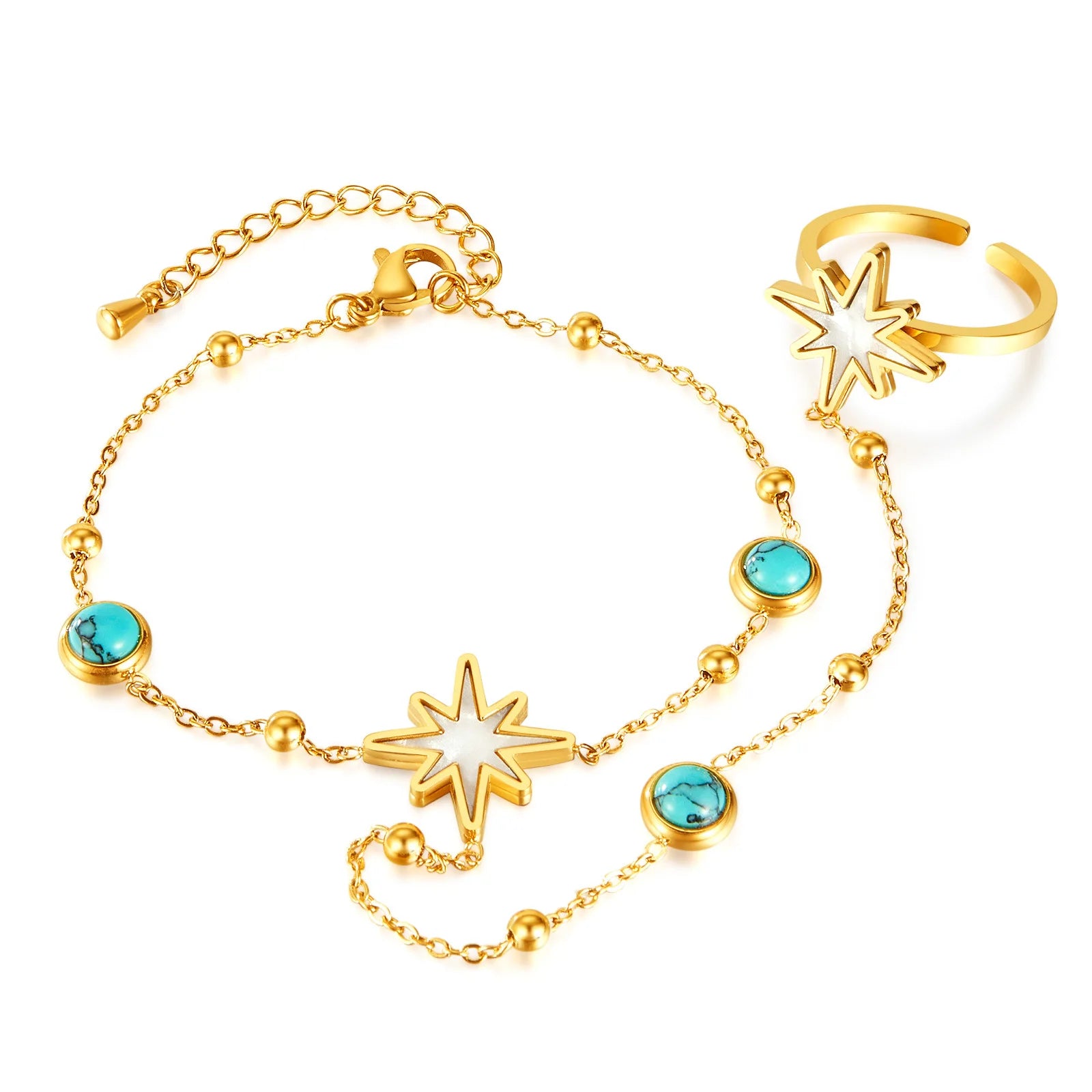 Stainless Steel 18k Gold Plated Turquoise Shell Oysters Octagonal Star Ring Integrated Back Chain YF6110