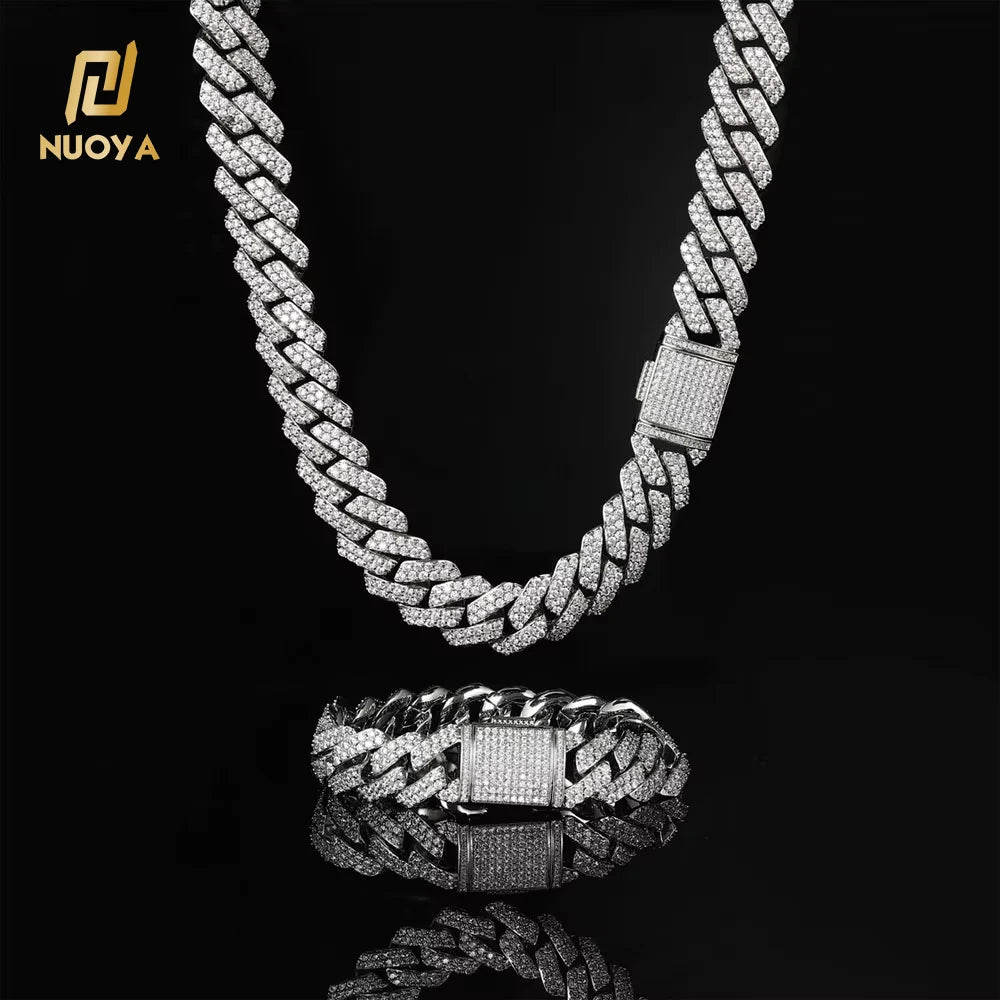 NUOYA 15MM Stock Wholesale Hip Hop Choker White Gold Plated Iced Out Diamond Silver Chain Cuban Necklace
