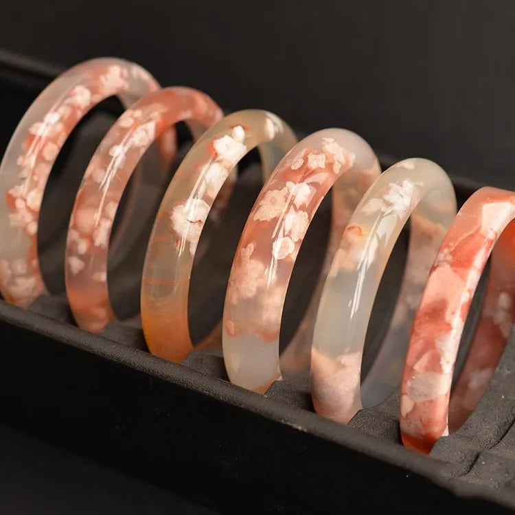 Trendy Flat Strip Pink Flower Quartz Floating Flower Chalcedony Bracelet Women's Fine Jewelry Sakura Agate Bracelet for Gift