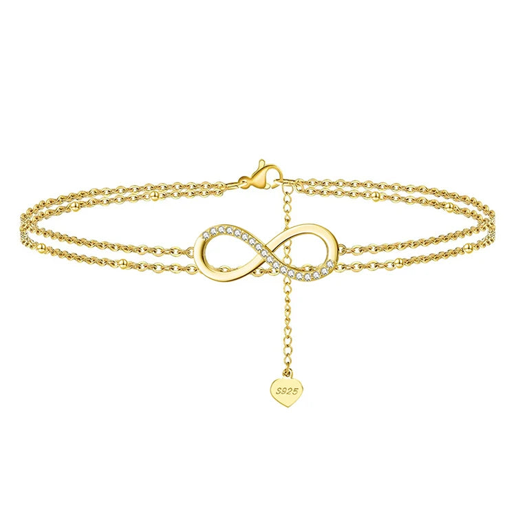 SA16 925 Sterling Silver Zircon Infinity Anklet Foot Jewelry Gold Plated Layered Bead Chain Ankle Bracelet Anklets Women