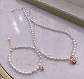 Beautiful 5-6MM Gold-Plated 908 Freshwater Rice Pearl Necklace Bracelet Set Red Strawberry Heart Design Natural Elegant Jewelry