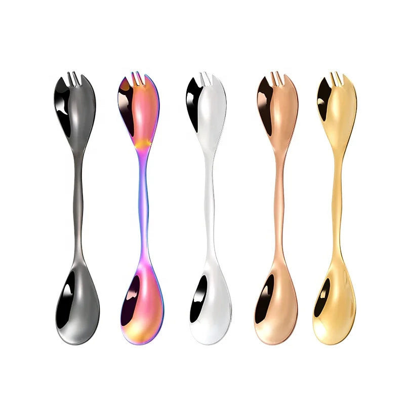 Colorful Gold Titanium Metal Salad Spoon 304 Stainless Steel Reusable Spork with Mirror Polish for Camping