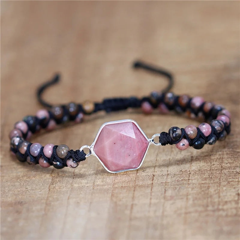 Gemstone Hexagon Rhodonite Charm String Beads Braided Bracelet Friendship Macrame Wrap Bracelet Femme Women Jewelry Wholesale