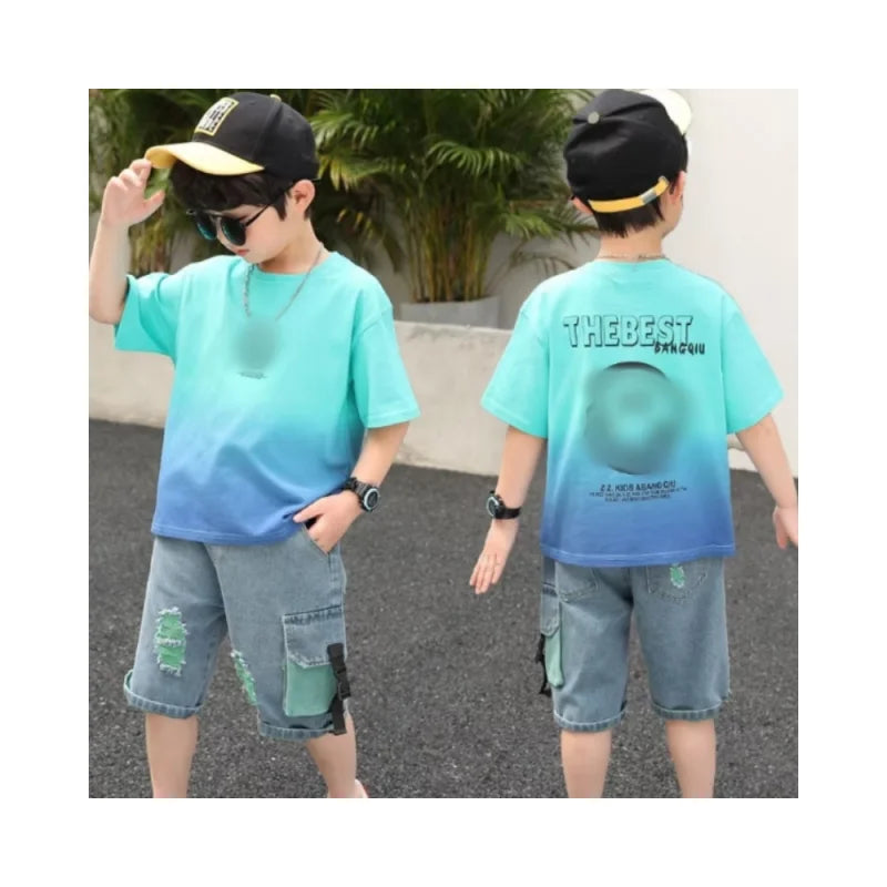 New Style Hot Sell High-Quality Boys 2024 Summer Korean Edition Sets Boy's Smiling Face Hanging Dye Set Children Two Piece Set
