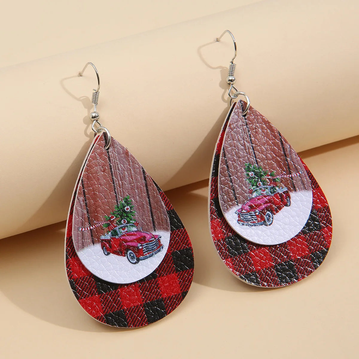Christmas Gift Retro Style Vintage Natural PU Leather Lattice Stripe Tree Design Statement Earring Girl's Hook Earrings