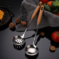 Two-Piece Durable Silicone Soup Colander Set with Wooden Handle Stainless Steel Metal Utensils for Home Cooking