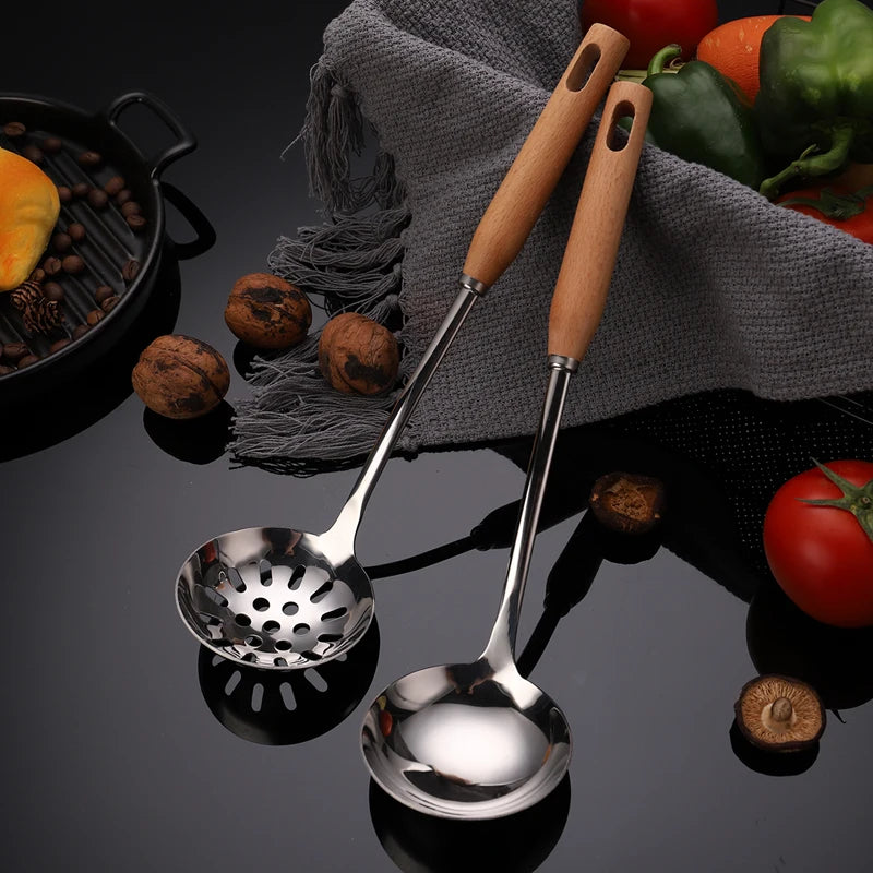 Two-Piece Durable Silicone Soup Colander Set with Wooden Handle Stainless Steel Metal Utensils for Home Cooking