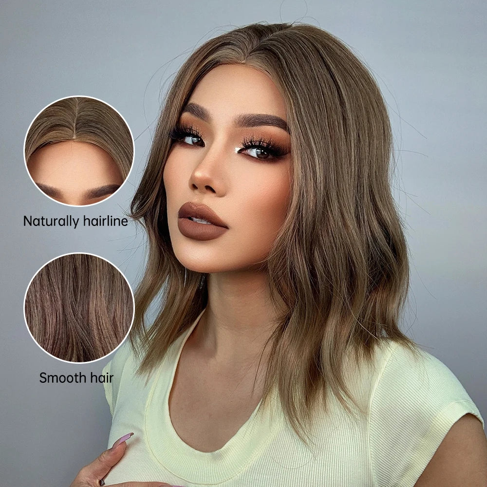 Fast Delivery Short Bob Synthetic Wavy Wig with Bangs Ombre Brown Blonde Shoulder Length Wigs Natural Heat Resistant Hair