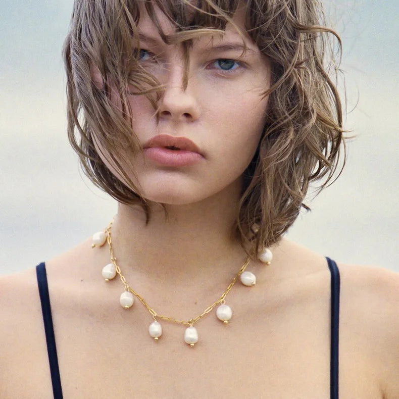 Dainty Pearl Beaded Necklace for Women 18k Gold Paper Clip Chain OT Clasp Choker Vintage Pearl Necklace Jewelry Wedding Gifts
