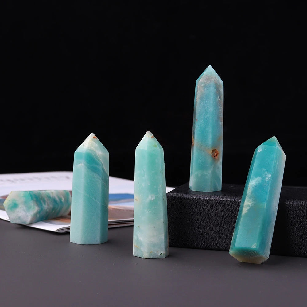 Natural Blue Amazonite Crystal Wand Polished Quartz Tower for Home Decor and Healing Faceted Prism Stone