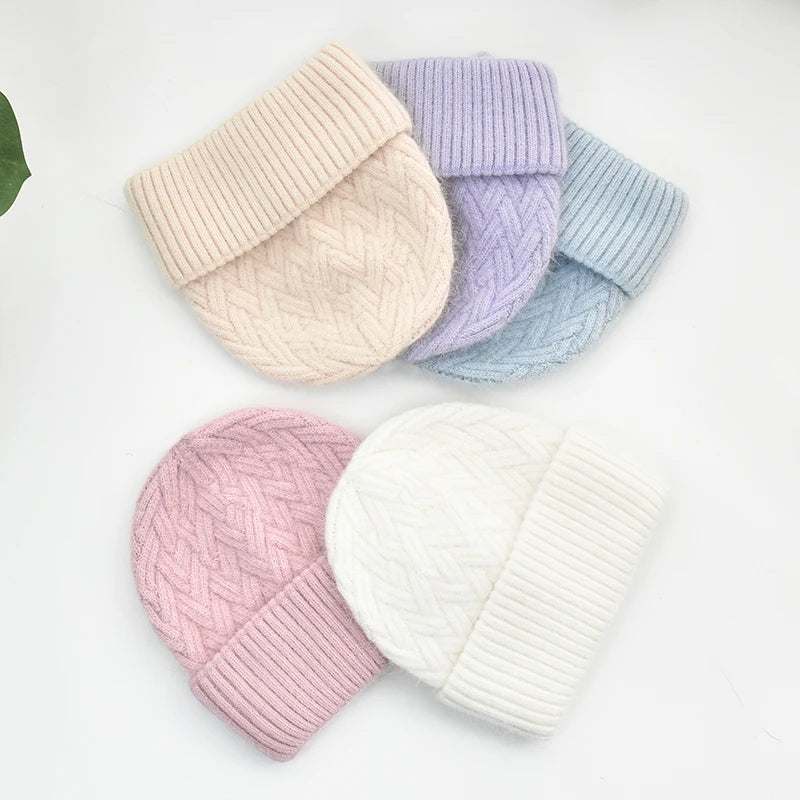 Wholesale Soft Warm Colorful Angora Rabbit Fur Knitted Beanie Hat Caps Women Custom Logo Winter Wool Knitted Beanie Hats