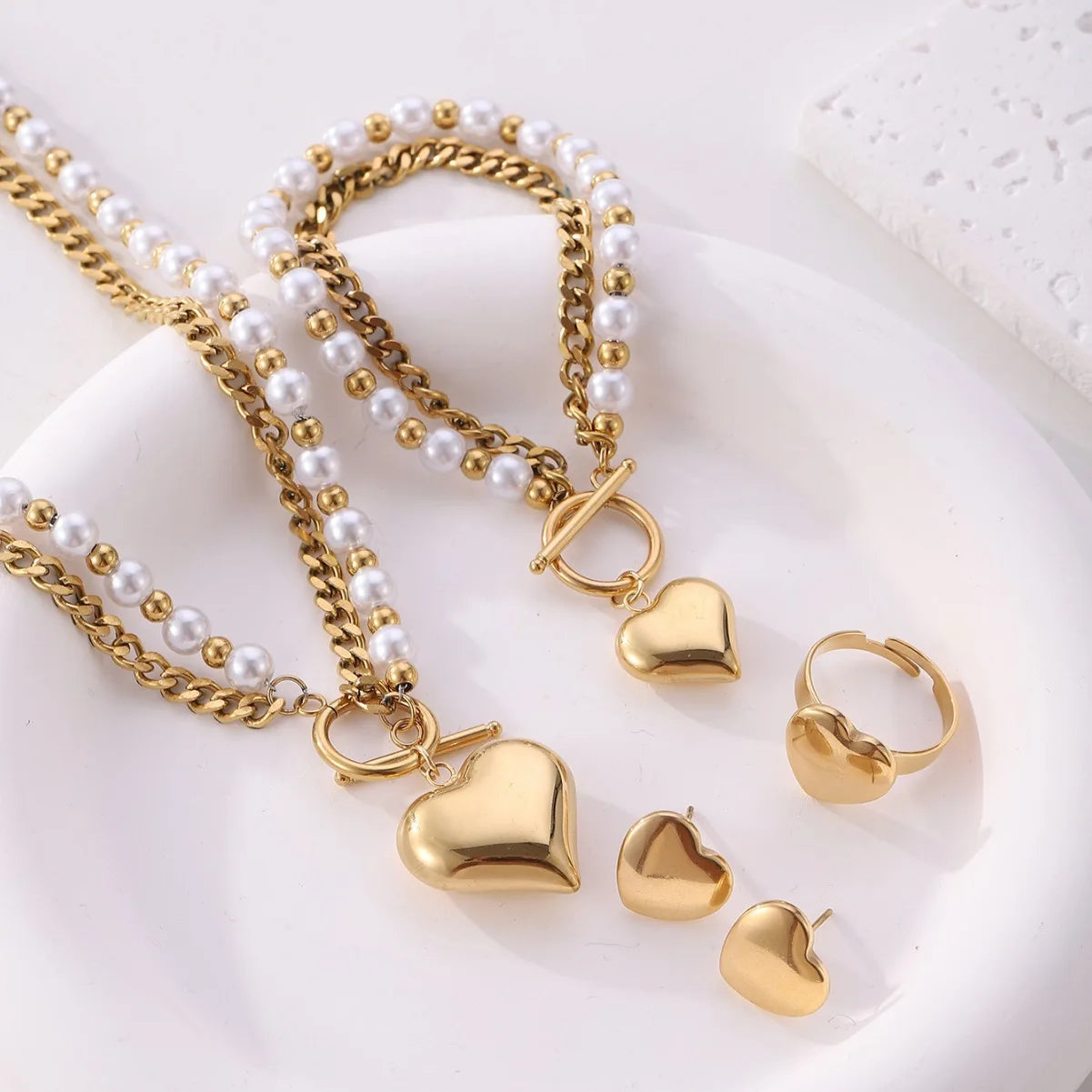 Luxury Stainless Steel Heart Charm Pearl Beaded Bracelet Layered 18K Gold Plated Love Heart Earrings Ring Necklace Jewelry Set