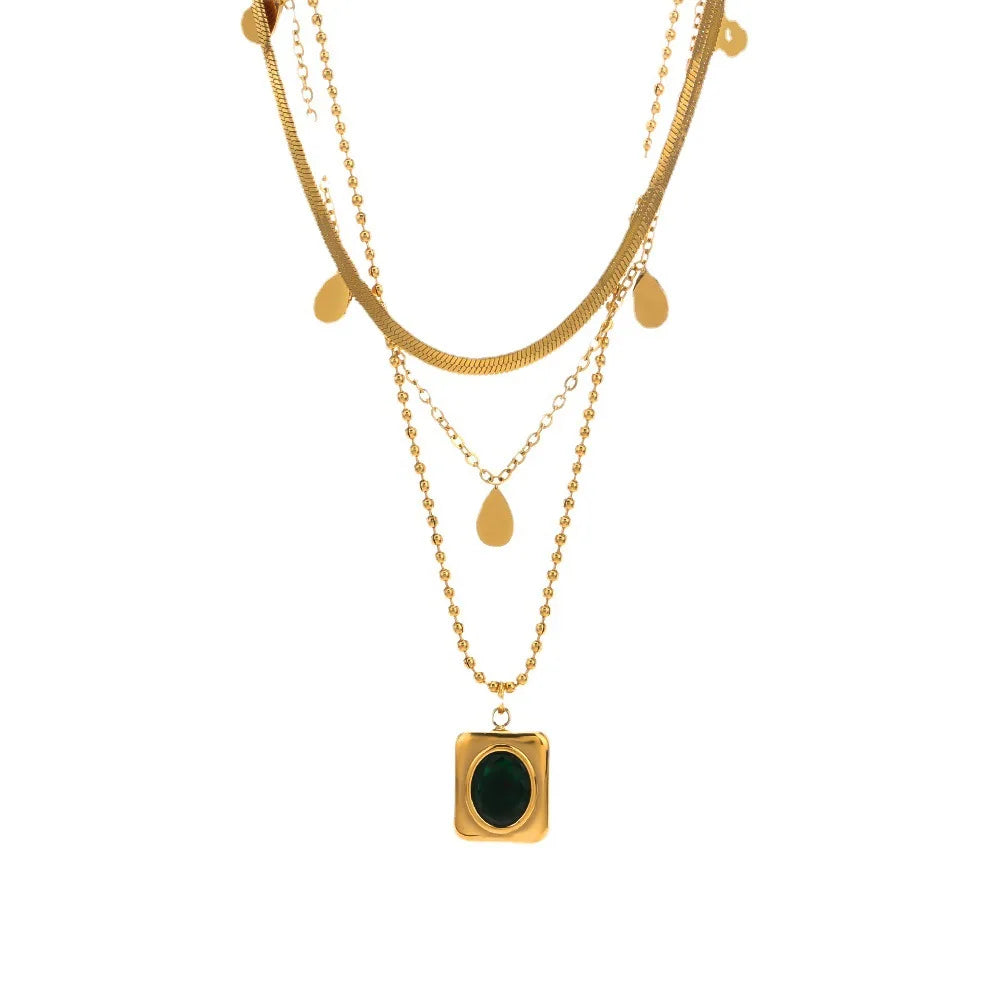 Retro Women's Water Drop Clavicle Chain Necklace Multilayer Emerald Square Pendant Stackable Three Fashion Pendant Necklaces