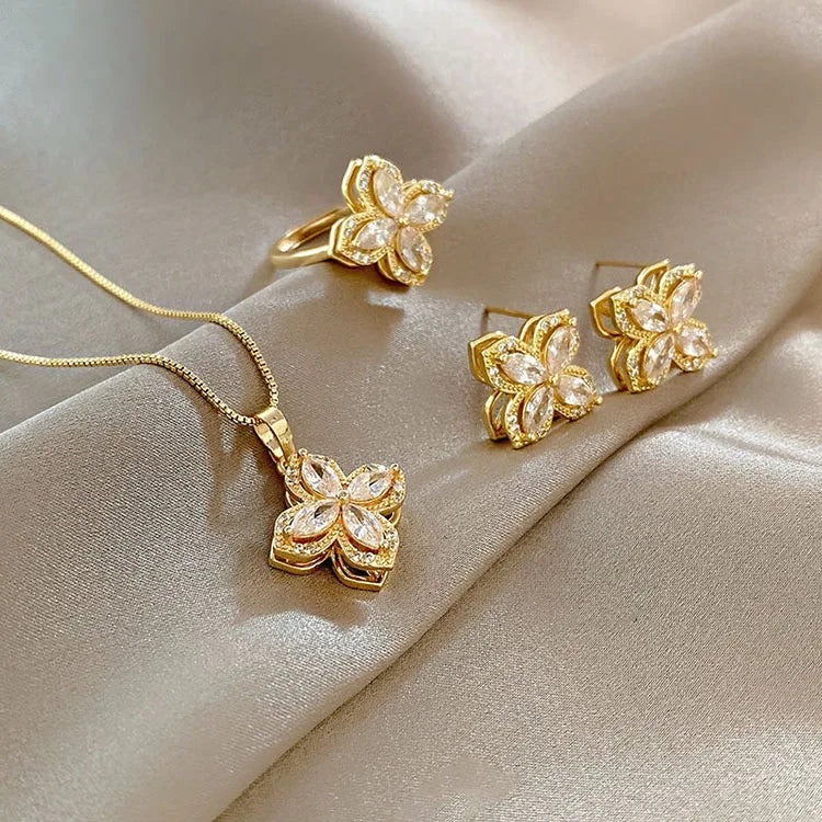 G1822 3Pcs Set Rotatable Flower Fidget Ring Necklace Anxiety Stress Relieve Earrings Spinning Mood Four Leaf Clover Jewelry Sets