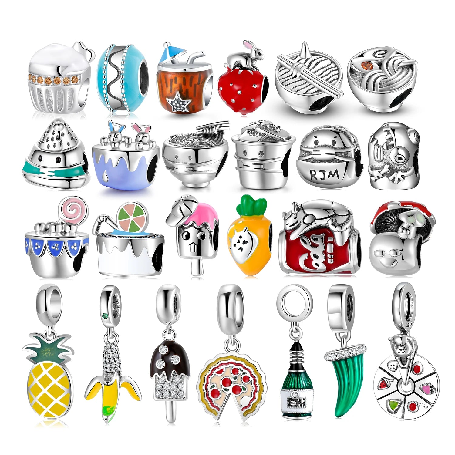 Real 925 Sterling Silver Food Series Enamel Charms Cake Banana Ice Cream Bead with CZ Pendant for Women Jewelry Bracelet Fashion