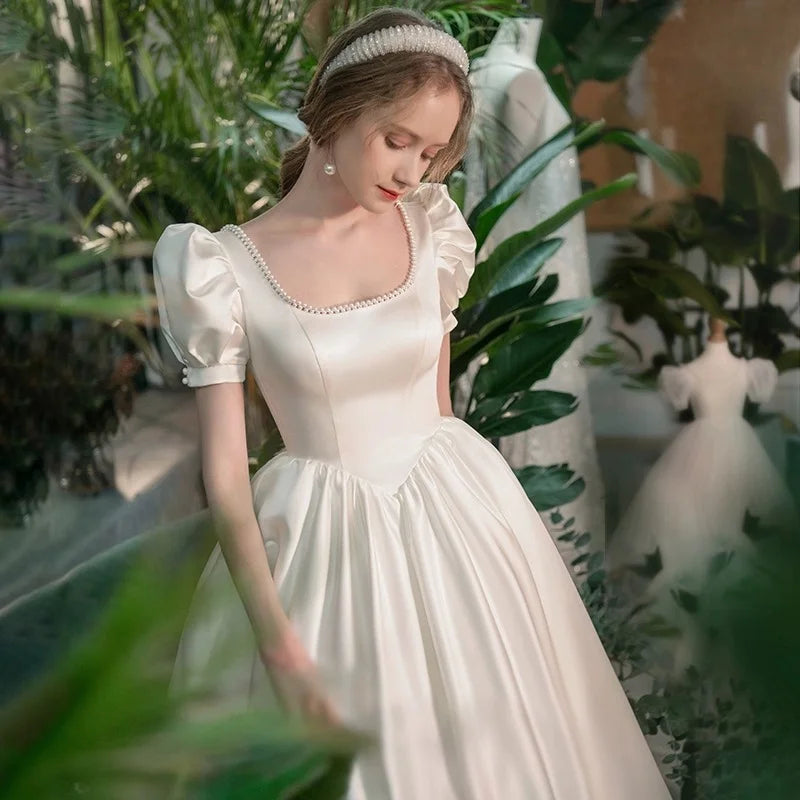 2024 Modern Plus Size French Style Light Satin Knee-Length Wedding Dress Princess White Birthday Party Dress
