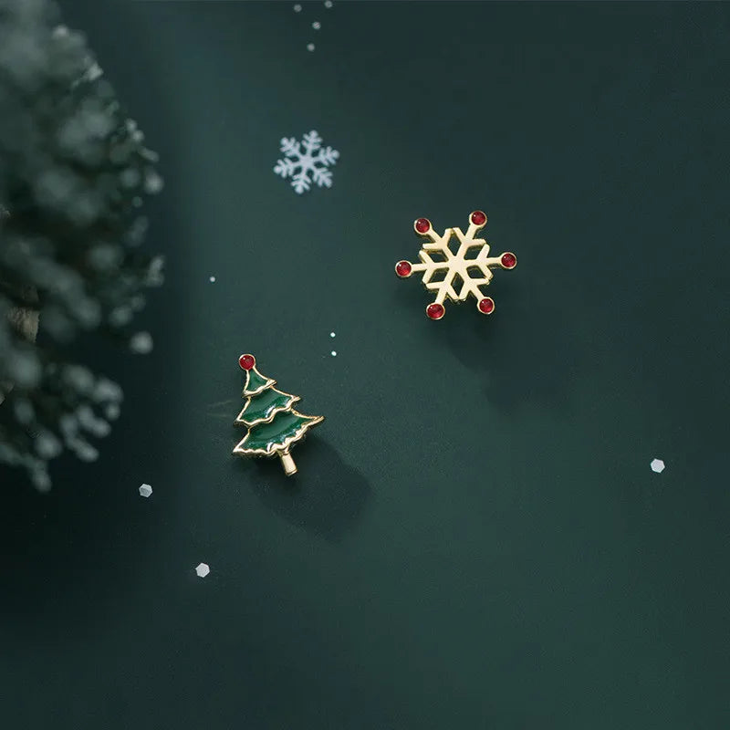 925 Sterling Silver Snow Flower Christmas Tree Zircon Oil Drip Gold Plated Stud Earrings for Women Fashion Jewelry Earrings