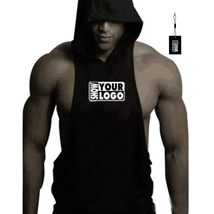 Free Labels Printing Custom Print logo or Design Muscle Men Cotton Waistcoat Body Building Fitness Hooded Vest Training tank Top