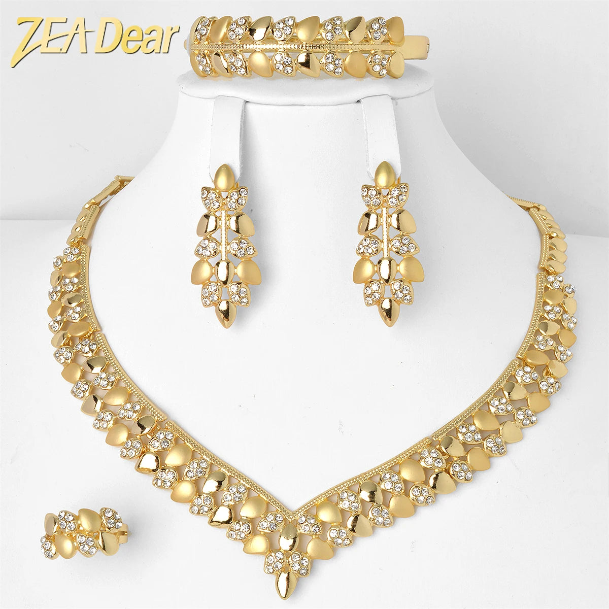 India Jewelry Sets for Women Necklace Earrings Ring Bracelet Geometric Engagement Gift 4 Piece Zircon Jewelry Set