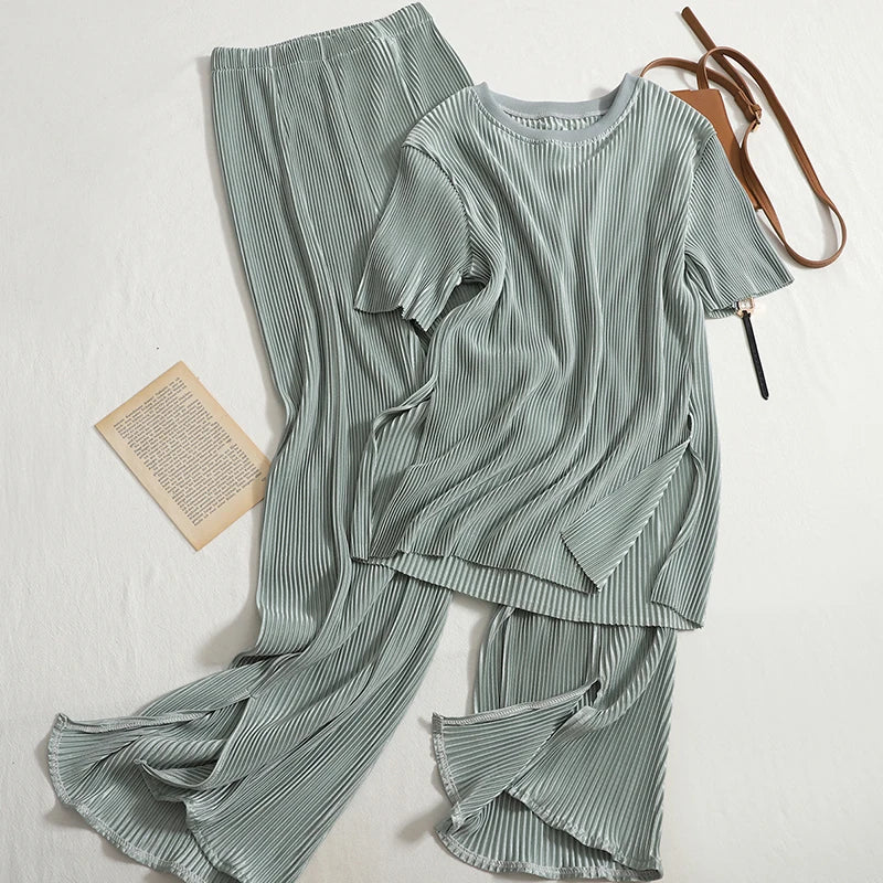 Wholesale Casual Suit Female 2026 Summer New Temperament Round Neck T-shirt Top High Waist Slit Wide Leg Pants Women's Set