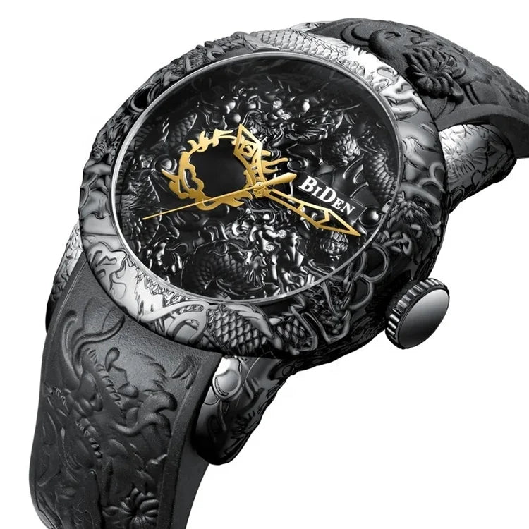 BIDEN Top Brand Quartz Watch Waterproof Sport Male Clock Black Men Watches Fashion 3D Engraved Dragon  Masculino Luxury