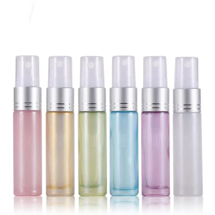 In Stock 10ml Pearl pink Yellow Green Purple Blue White Glass Spray Bottle With Silver/gold Bottle for Essential Oil/perfume