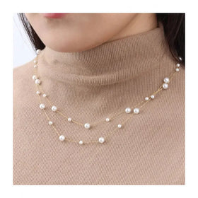 Chris April PVD Gold Plated 316L Stainless Steel Double Layers Imitation Pearls Satellite Bubble Chains Necklace