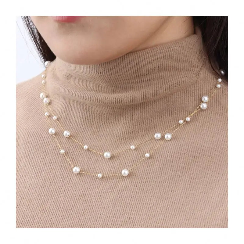 Chris April PVD Gold Plated 316L Stainless Steel Double Layers Imitation Pearls Satellite Bubble Chains Necklace