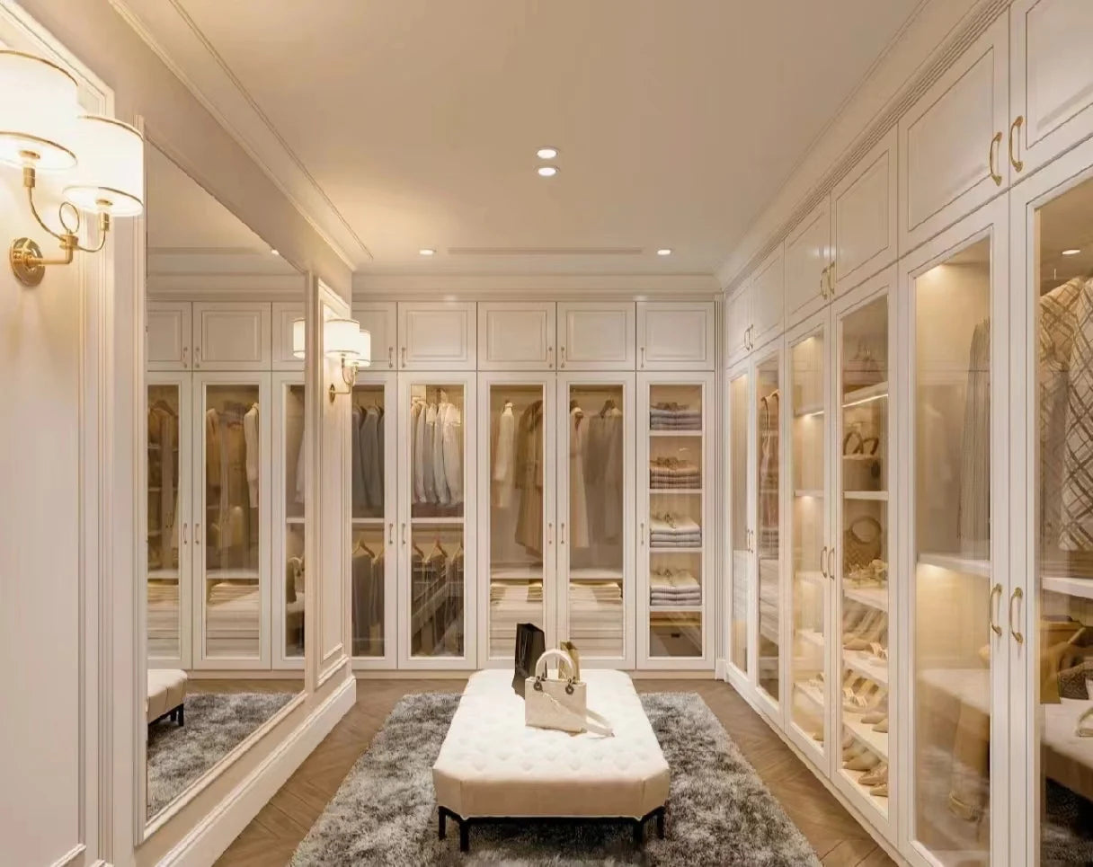 Custom Modern White Glossy Wooden Bedroom Glass Sliding Door Wardrobe Closet Organizer Modern Design Wardrobe